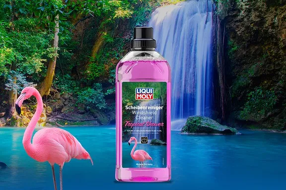 Blauer Liqui Moly Scheibenreiniger-Beutel der Sorte Ocean vor einem sonnigen Strandhintergrund.